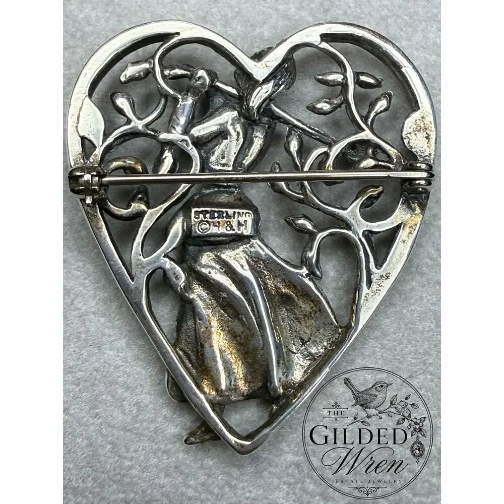 Vintage H&H Sterling Silver Lady Golfer Heart Brooch Pin Art Nouveau Golf Gift